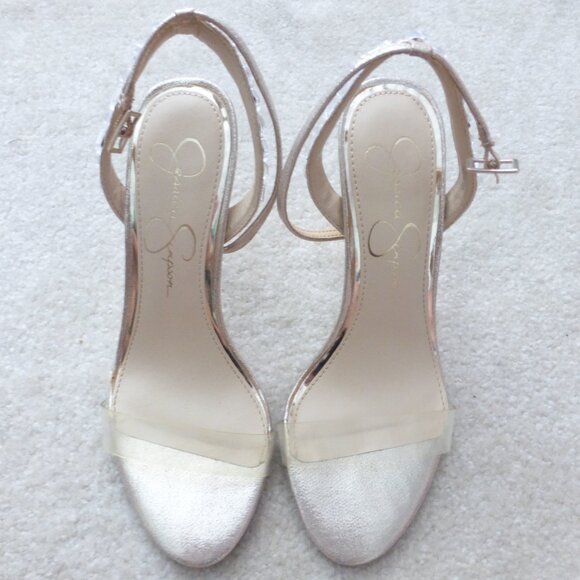 JESSICA SIMPSON shimmery gold single strap heels with crystal bead accets - Picture 2 of 11